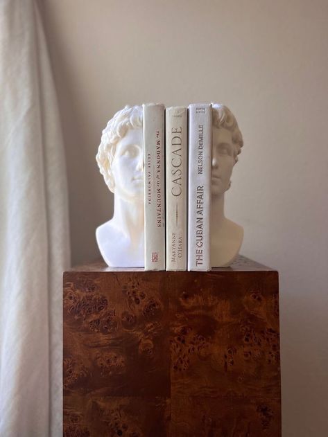 Home Statues Decor, Museum Aesthetic Home, Museum Decorations Ideas, Cb2 Inspiration, Anthropology Home Decor, Greek Bust Decor, Decor In Front Of Window, Ancient Greek Decor, Aesthetic Bookends