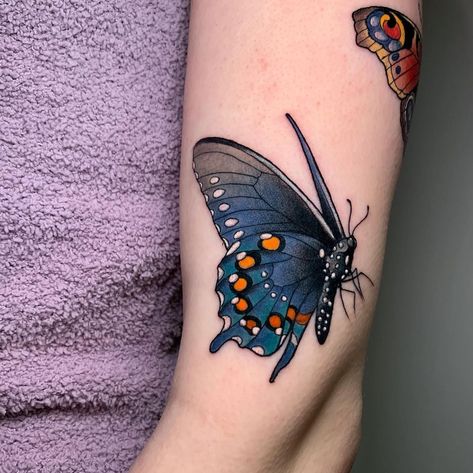 Red Spotted Purple Butterfly Tattoo, Black And Purple Butterfly Tattoo, Neo Trad Butterfly, Neotraditional Butterfly Tattoo, Insects Tattoos, Butterfly On Flower Tattoo, Butterfly Traditional Tattoo, Small Butterfly Tattoos, Insect Tattoos