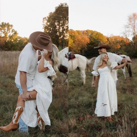 Western Beach Engagement Photos, Engagement Photos Outfits Cowboy Boots, Western Engagement Pictures White Dress, Couple Engagement Pictures Outfit Ideas, Western Engagement Outfits Women, Horse Engagement Pictures, Cowboy And Cowgirl Photoshoot, Engagement Shoot Dresses, Engagement Photos Cowboy Boots