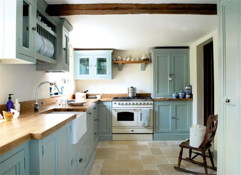 Love the color of cabinets with chop block  countertop! Samuel and I both agree :) Cottage Kitchen Renovation, Kitchen Butcher Block, Turquoise Kitchen, Mill House, House Farmhouse, Farm Kitchen, Diy Countertops, Blue Cabinets, Butcher Block Countertops