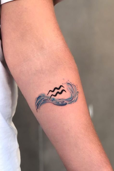 Tattoo Zodiac Aquarius, January Aquarius Tattoo, Water Tatoos Symbols, Aquarius Watercolor Tattoo, Aquarius Virgo Tattoo, Aquarius Water Tattoo, Aquarius Leo Tattoo, Aquarius Design Tattoo, Aquarius Waves Tattoo