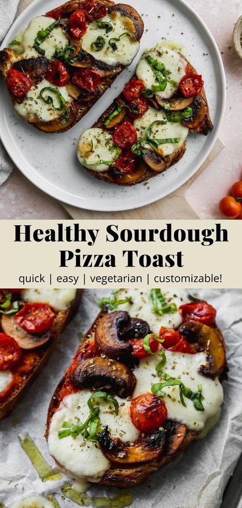 This vegetarian sourdough pizza toast is made with simple, healthy ingredients. It’s quick, easy, and delicious. Plus, toppings are super customizable! Perfect for when you’re craving pizza, but don’t feel like ordering in. Recipe Using Sourdough Bread, Healthy Picnic Foods, Best Picnic Food, Pizza Toast, Healthy Toast, Sourdough Toast, Bread Toppings, Toast Pizza, Sourdough Pizza