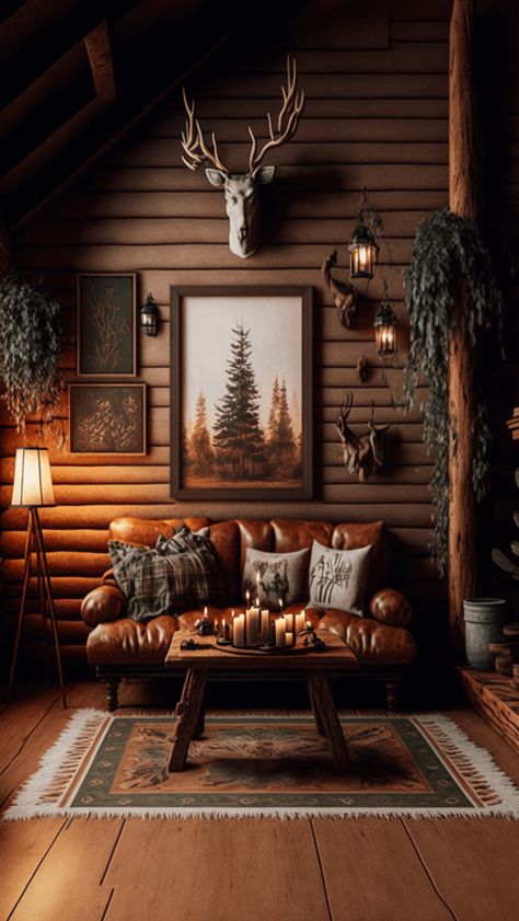 Deer Cabin Ideas, Wood Cabin Interior Rustic, Canadian Cabin Interior, Country Cabin Living Room, Log Cabin Accent Wall, Moody Mountain Aesthetic Home, Hunting Home Decor Rustic, Hunter House Decor, Adirondack Decor Interiors