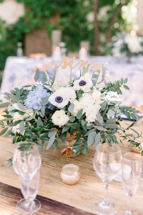 Light blue and white low centerpiece with anemones. Anemone centerpiece. Farmhouse tables. Florals by Jenny Light Blue Wedding Centerpieces, Anemone Centerpiece, Blue Flower Centerpieces, Company Cake, Pastel Blue Wedding, White Wedding Centerpieces, Blue Wedding Centerpieces, Blue Centerpieces, Low Centerpieces