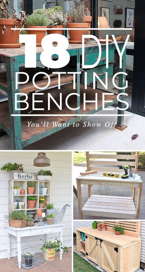 18 DIY Potting Benches You'll Want to Show Off | The Garden Glove Potting Benches Diy, Garden Diy Decoration Ideas, Diy Garden Table, Potting Bench Ideas, Diy Potting Bench, Potting Bench Plans, Outdoor Potting Bench, Taman Diy, Potting Benches