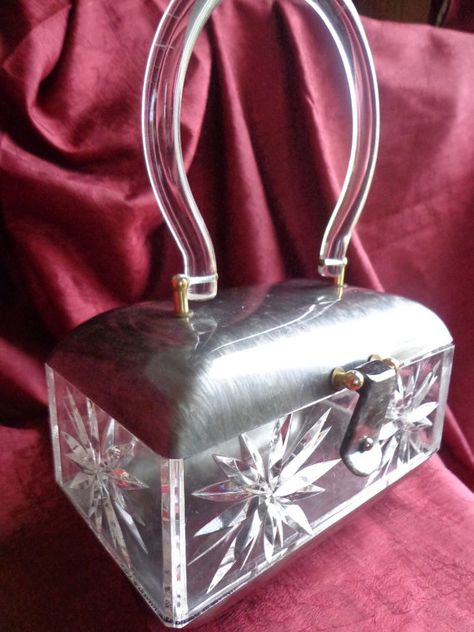 Vintage Unique Shape Grey Pearlized Lucite Purse with Clear