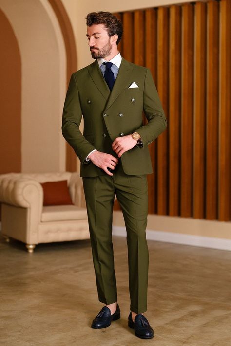 Forge your iconic presence in the Khaki Double-Breasted 2-Piece Suit. With its commanding double-breasted blazer adorned with peak lapels, this ensemble epitomizes masculine sophistication and exudes an aura of powerful refinement. #MensFashionIcons #menssuits #doublebreasted #khakisuit #formalwear #timelessstyle #suitandtie #sartorial #distinguishedlook #classicmenswear #tailoredsuits Olive Green Suit, Khaki Suit, Double Breasted Tuxedo, Suit Styles, Suit Stores, Slim Fit Suit Men, Slim Fit Tuxedo, Green Suit, Navy And Khaki