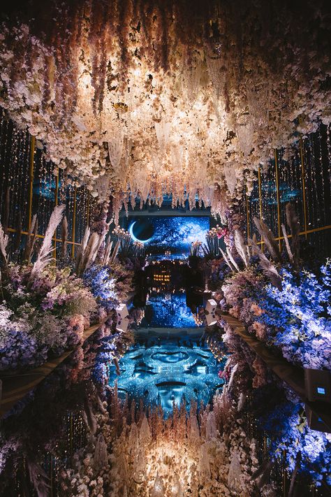 Hanging Floral Arrangements, Mirrored Aisle, Hotel Ballroom Wedding, Ballroom Wedding Reception, Opulent Wedding, Starry Night Wedding, Hotel Ballroom, Aisle Flowers, Luxury Wedding Decor