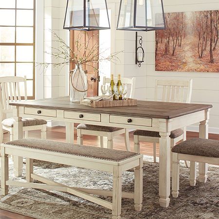 Signature Design by Ashley Roanoke Rectangular Wood-Top Dining Table Oak Dining Room Set, Rectangular Dining Room Table, Farmhouse Dining Set, Dining Room Server, Oak Dining Room, Interior Vintage, White Dining Table, Dining Room Set, Upholstered Side Chair