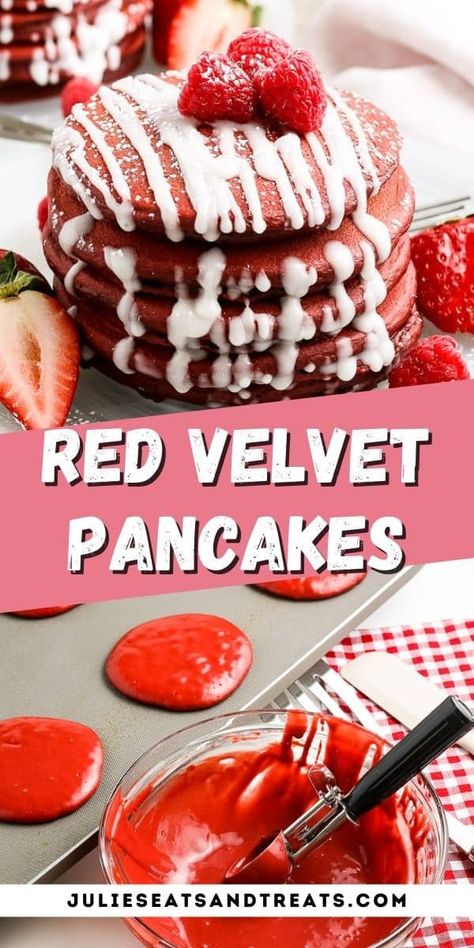 Tender, light and fluffy homemade Red Velvet Pancakes that are topped with a drizzle of cream cheese to mimic the taste and flavor of a Red Velvet Cake! These are perfect for the holidays or a special treat. Plus, easy enough to whip up in the morning for a quick breakfast. Pancakes For Two, Easy Red Velvet, Milkshake Recipe Chocolate, Red Velvet Pancakes, Dutch Farms, Red Velvet Recipes, Southern Breakfast, Buttermilk Pancakes Fluffy, How To Cook Pancakes