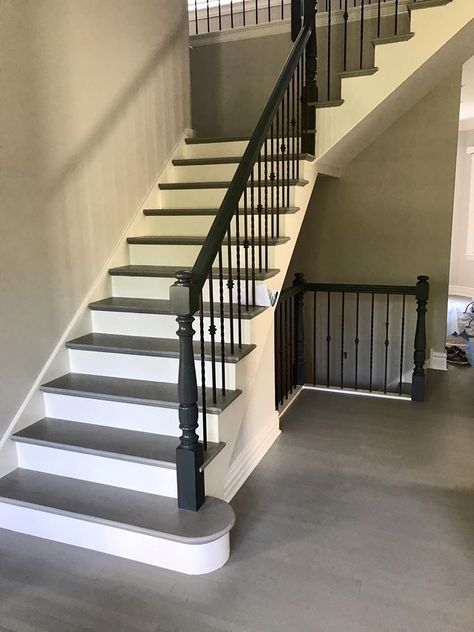 Hinsdale - Gray color Hardwood Floor and stairs final look . - Hardwood Flooring Installation and Refinishing Experts Chicago area Grey Painted Stairs, Refinish Stairs, Teal House, Grey Hardwood Floors, Stairs Colours, Stair Renovation, Gray Stairs, Painted Staircases, Grey Hardwood