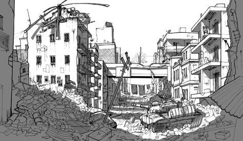 ArtStation - Zona de Guerra, Alan Sun Destroyed City Drawing Reference, Ruined City Drawing, How To Draw A City, Destroyed City Drawing, Destroyed City Art, City Drawing Reference, City Drawing Sketches, City Background Drawing, Drawing Of A City