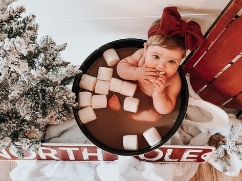 Coco Bath Photoshoot Baby, Christmas Milk And Cookies Photo Shoot, Hot Chocolate Bath Photoshoot, Hot Coco Bath Photoshoot Diy, 10 Month Old Christmas Pictures, Christmas Half Birthday Pictures, Christmas First Birthday Photoshoot, Half Birthday Christmas Theme, 8 Month Old Christmas Photos