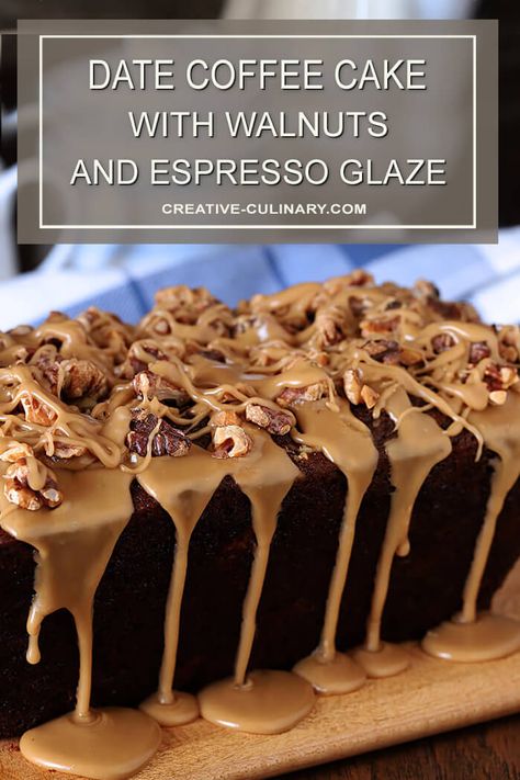 This Date Coffee Cake with Walnuts and Espresso Glaze is so rich and full of flavor, you'll enjoy it with coffee for breakfast or a salad with dinner. Espresso soaked dates and toasted walnuts are the star of the show and the espresso glaze the literal icing on the cake! Espresso Glaze, Date And Walnut Cake, Date Coffee, Date Nut Bread, Coffee And Walnut Cake, Date Cake, Bolo Fit, Walnut Cake, Coffee Cake Recipes