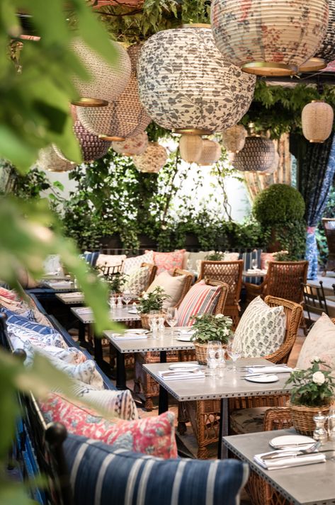 Ralph lauren fabrics Romantic Courtyard, Patio Restaurant, Summer Interior, Architecture Today, Ralph Lauren Fabric, Timeless Architecture, Outdoor Patio Space, Door Inspiration, Harvest Table