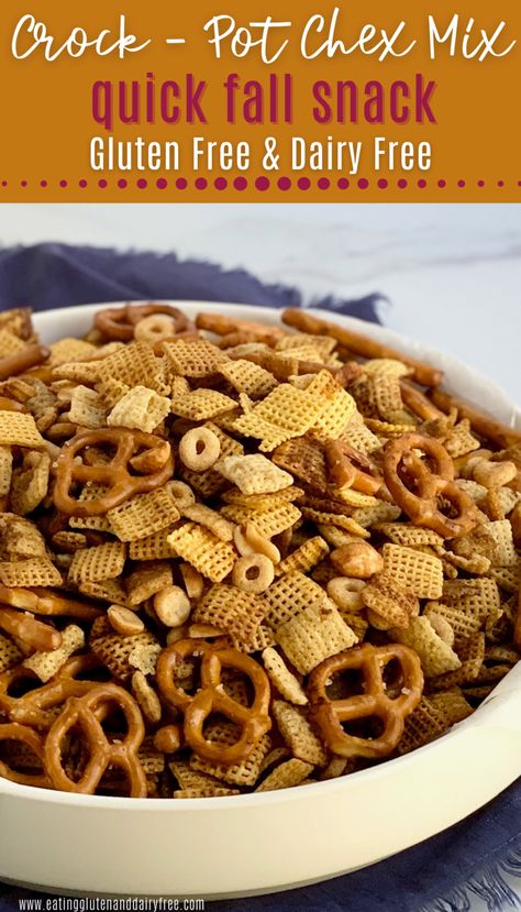 Chex Mix Recipes Crock Pot, Gluten Free Chex Mix Recipes, Chex Mix Recipes Christmas, Chex Mix Crock Pot, Gluten Free Snack Mix, Gluten Free Dairy Free Snacks, Gluten Free Chex, Fall Snack Mixes, Homemade Chex Mix