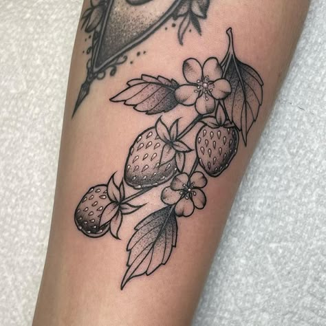 Strawberries by @skylersager 🍓 • • • #strawberrytattoo #fruittattoo #berrytattoo #stippledtattoo #stippling #stipplingtattoo… | Instagram Stippling Tattoo Flower, Black And Grey Strawberry Tattoo, Strawberry Hip Tattoo, Strawberry Bush Tattoo, Purgatory Tattoo, Strawberry Tattoo Black And White, Berry Tattoos, Strawberries Tattoo, Strawberry Vine Tattoo