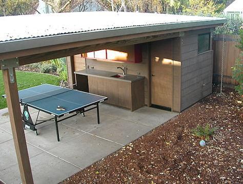 covered deck inspiration, corrugated steel roof Outdoor Table Tennis Area, Kids Garden Play Area, Table Tennis Room, Carport Makeover, Summer Hangout, Deck Inspiration, Carport Patio, Corrugated Steel, Garden Room Ideas