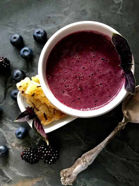 Fresh Black and Blueberry Chilled Soup with Buttered Purple Basil Toast Soldiers Toast Soldiers, Purple Basil, Chilled Soup, Fresh Orange Juice, Warm Kitchen, Basil Recipes, Vanilla Greek Yogurt, Fresh Orange, Food Info