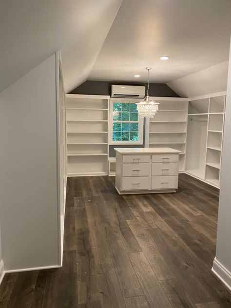 Closet In A Frame House, Master Suite Vaulted Ceiling, Attic Renovation Closet, Attic Master Closet, Attic To Closet Conversion, Attic Closet Ideas Angled Ceilings Slanted Walls Built Ins, Attic Master Suite Bathroom, Attic Turned Into Closet, Finished Attic Closet