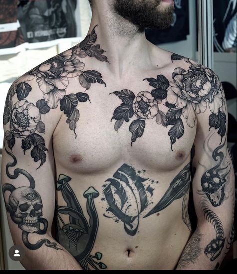 Blackwork Chest Tattoo Men, Botanical Chest Tattoo Men, Chest Plant Tattoo, Floral Neck Tattoo Men, Floral Men Tattoo, Asymmetrical Chest Tattoo, Full Chest Tattoo Men Ideas Unique, Self Made Man Tattoo, Tattoo Cover Up Ideas For Men