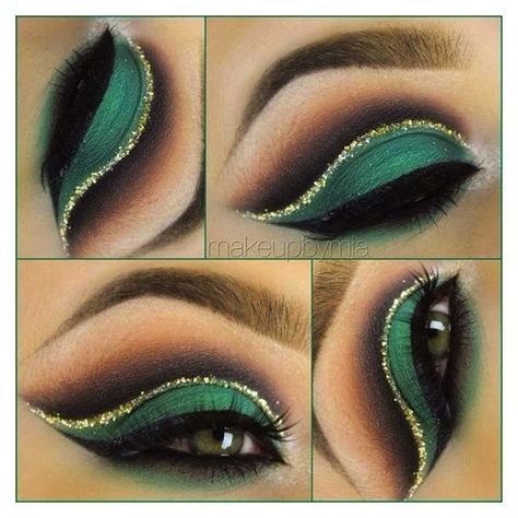 Green smokey eye and gold glitter crease Cold Cut, Make Up Designs, Make Up Gold, Green Smokey Eye, Arabic Makeup, Gold Eye Makeup, Dance Makeup, Green Makeup, Gold Makeup