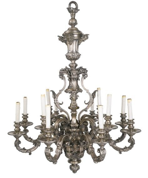 date unspecified Henri Vian  1860-1905  A large Louis XIV style silvered bronze twelve light chandelier  Paris, late 19th century, in the manner of André-Charles Boulle  Estimate  18,000 — 20,000  USD. unsold Silver Chandelier, English Furniture, Courtyard House, Louis Xiv, Art Old, Art Exhibitions, Light Chandelier, Manners, Chandelier Lighting