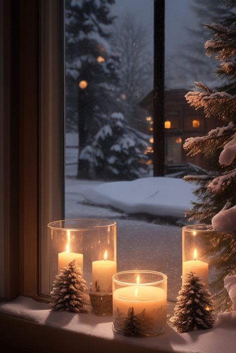 Cozy Christmas Candle Aesthetic, Christmas Candles In Windows, Outdoor Christmas Scenes, Winter Candle Aesthetic, Cozy Winter Night, Winter Hygge, Lights For Christmas, Winter Background, Winter Candle