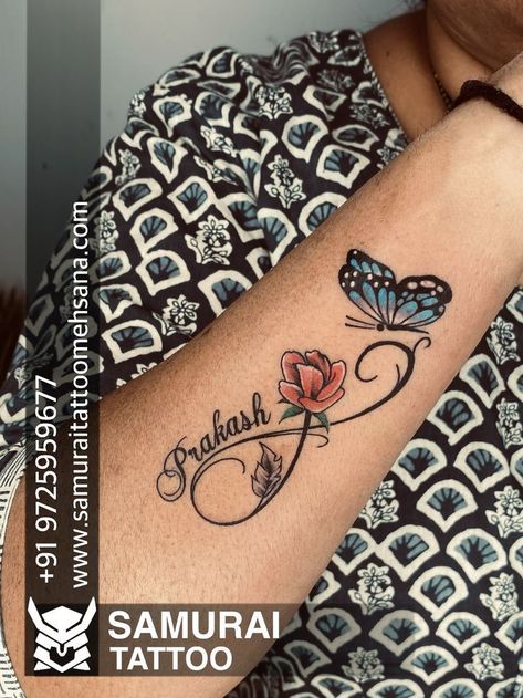 Upper Arm Band Tattoo, Band Tattoo For Women, Infinity Butterfly Tattoo, Love Music Tattoo, Rose Tattoo With Name, Butterfly Tattoo Design, Butterfly Name Tattoo, Arm Tattoos Drawing, Sister Tattoo Designs