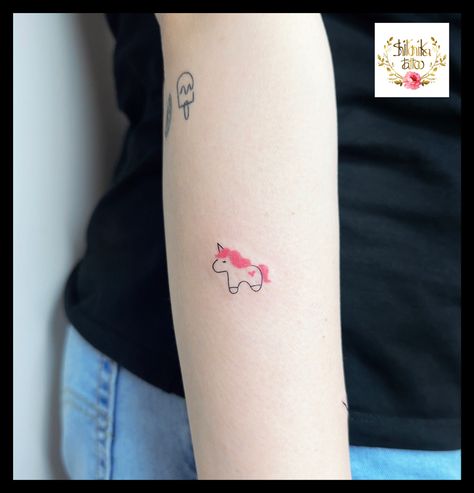 Pink Unicorn Tattoo, Tiny Unicorn Tattoo, Tattoo Ideas Unicorn, Unicorn Floaties, Pink Tattoo, Unicorn Tattoos, Funky Tattoos, Mini Pony, Feather Tattoo