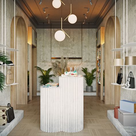 Concept store in Almaty on Behance Retail Dressing Room, Concept Store Design Retail Interior, Retail Training, Luxury Retail Store, Shoe Store Design, Retail Store Interior Design, Store Concept, Concept Stores, Neoclassical Interior