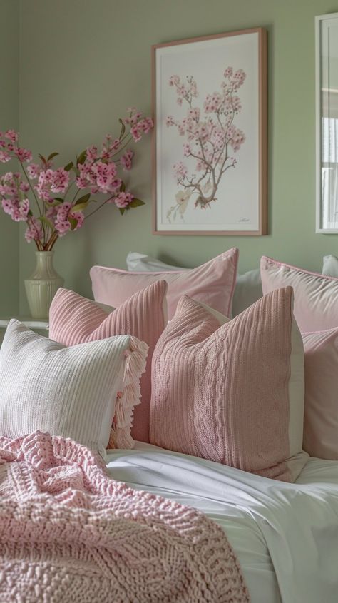 Sage green and pink is a captivating color combination that brings a sense of tranquility and playfulness into your bedroom decor. This delicate pairing can Sage Green And Pink Room Aesthetic, Pink And Green Farmhouse Bedroom, Pink And Mint Bedroom, Blush Pink And Green Bedroom, Sage Green And Pink Aesthetic, Pink And Green Girls Bedroom, Sage And Pink Bedroom, Green And Pink Decor, Pink And Beige Bedroom