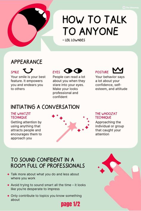 infografic summary of  "How to talk to anyone" by Leil Lowndes Business Books Worth Reading, Nlp Coaching, Good Leadership Skills, Teacher Boards, App Website, Teaching Time, Self Development Books, Life Management, Life Routines