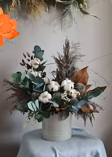 Cotton Boll Decor Floral Arrangements, Dried Floral Pumpkin Arrangement, Dried Hydrangea Arrangements Fall, Fall Dried Flower Arrangements Grass And Cotton, Floral Arrangement, Floral Arrangements, Fall Decor, Floral