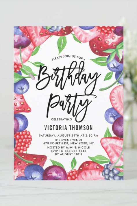 Watercolor Berries Summer Birthday Party Invitation
Fun and colorful birthday invitation featuring watercolor illustrations of strawberries, blueberries, blackberries and raspberries. This berry theme brithday invitation is perefect for outdoot and summer birthdays #birthday #happybirthday #birthdaycards #birthdayparty #berry #strawberry #blueberry #summer Summer Birthday Party Invitations, Berry Birthday, Summer Baby Shower Invitations, Summer Birthday Invitations, Summer Invitation, Baby Sprinkle Invitations, Sprinkle Invitations, Summer Baby Shower, Summer Birthday Party