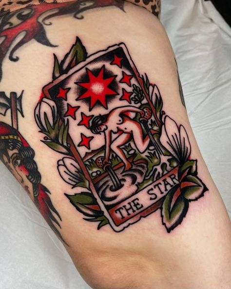 Traditional Tattoos Envelope, Neo Traditional Tarot Card Tattoo, American Traditional Loteria Tattoo, Star Tattoo American Traditional, Tarot Tattoo Traditional, American Traditional Tarot Card, American Traditional Tarot Card Tattoo, American Traditional Tarot, Traditional Tarot Tattoo