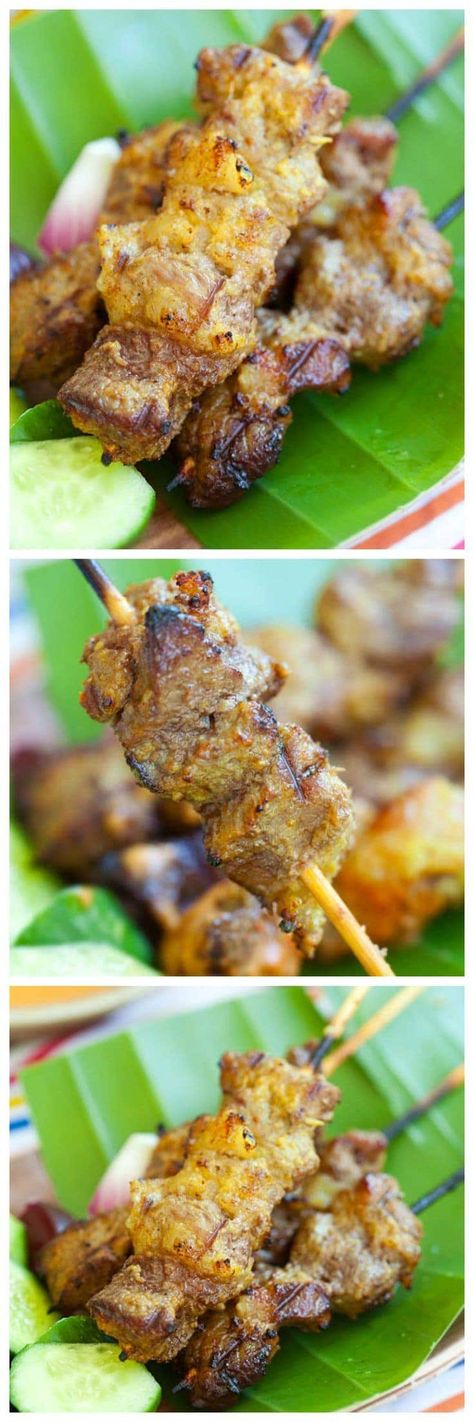 Beef Satay - Rasa Malaysia Beef Satay Recipe, Beef Skewers Grill, Satay Skewers, Takeout Recipes, Sauce Satay, Beef Satay, Malaysian Recipes, Satay Recipe, Cape Malay