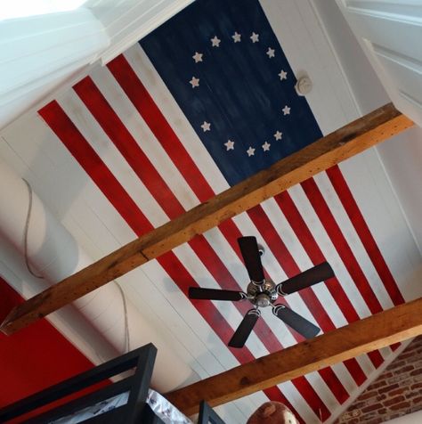 Hand painted American flag. On tongue and groove vaulted ceiling . Flags On Ceiling, Painted American Flag, Dream Farmhouse, Carolina House, White Farmhouse, Tongue And Groove, Vaulted Ceiling, South Carolina, American Flag