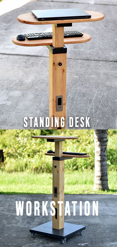 DIY Standing Desk / Adjustable and mobile  I needed a quick solution so I can roll my laptop around the house and in the workshop.  DIY Standing Desk / Adjustable and mobile Plans now available @ https://gumroad.com/diycreators Standing Desk Diy Adjustable, Diy Small Desk, Diy Standing Desk Plans, Rolling Standing Desk, Standing Desk Design, Small Standing Desk, Standing Desk Adjustable, Diy Standing Desk, Rolling Desk