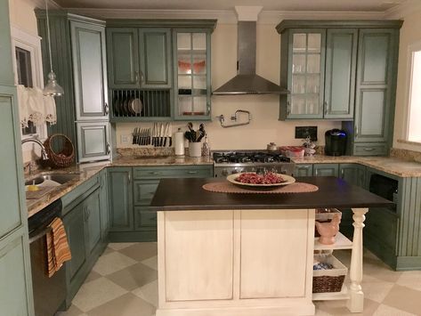 Kitchen cabinet reface in Sherwin Williams “studio blue green” with dark glaze and custom island Sherwin Williams Studio Blue Green, Blue Green Kitchen, Studio Blue Green, Turquoise Cabinets, Custom Island, Aqua Kitchen, Mobile Home Kitchen, Refacing Kitchen Cabinets, Blue Kitchen Cabinets