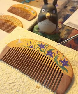 Martin Hsu Art: Totoro Combs Comb Painting, Painted Hairbrush, Wooden Comb Aesthetic, Wooden Hair Brush Painted, Wooden Comb Design, Neighborhood Activities, Wooden Hairbrush, Traditional Chinese Hair Comb, Wooden Hair Brush