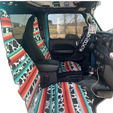 Cow Seat Covers, Aztec Seat Covers, Western Jeep Interior, Car Decorations Interior Cow Print, Fluffy Car Seat Covers, Jeep Wrangler Accessories Cow Print, Cow Print Jeep Wrangler, Teal Truck Accessories, Diy Seat Covers For Car