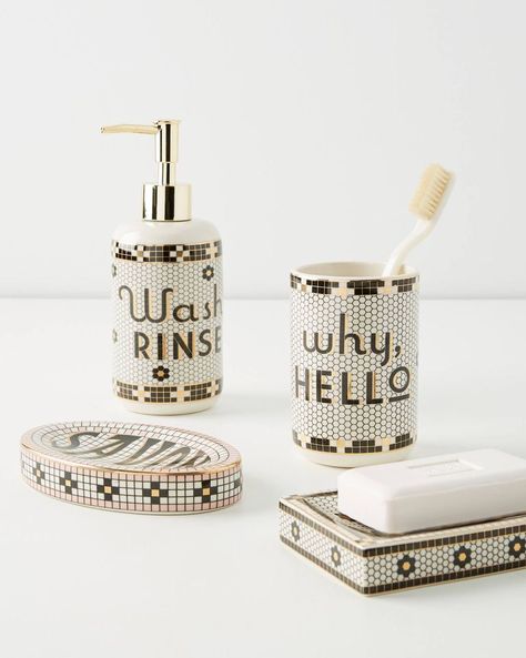 13 Best Bathroom Sets to Buy Online - Beautiful Bathroom Accessories Anthropologie Bathroom, Blush Bathroom, Bistro Tile, Parisian Bathroom, Iridescent Mosaic, Rental Bathroom, Bathroom Canisters, Bathroom Accents, Pretty Bathrooms