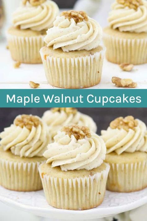 These Maple Walnut Cupcakes with Brown Butter Frosting are the perfect combination of a moist vanilla cupcake infused with real maple syrup and buttery walnuts. The brown butter frosting adds to the overall nutty finish of these cupcakes. #brownbutterfrosting #maplewalnut #cupcakerecipe #maplecupcakes Maple Walnut Cupcakes, Maple Cupcakes Recipe, Fall Cupcake Flavors, Fall Cupcake Recipes, Walnut Cupcakes, Maple Cupcakes, Moist Vanilla Cupcakes, Maple Recipes, Brown Butter Frosting