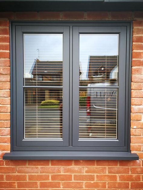 R7 in Eclectic Grey with Solidor #modernhome #modernwindow #flushcasement Grey Windows Interior, External Window Sill Ideas, External Windows, Modern Windows Exterior Design Aluminum, Window Outside Design, Grey Windows Exterior, House With Grey Windows, House With Aluminium Windows, Aluminium Windows With Grill