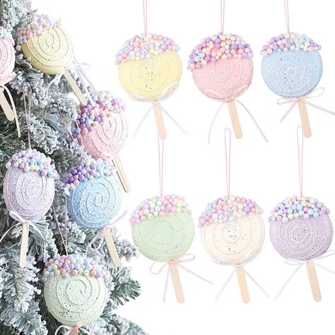 PRICES MAY VARY. Decorative Lollipops: Set of 6 colorful lollipop ornaments designed to add a whimsical touch to your party decor. Versatile Usage: Perfect for Christmas, New Year's, Easter, birthdays, and other festive celebrations. Vibrant Colors: Includes pink, purple, white, cream, blue, and multicolored lollipops with beaded accents. Hanging Design: Each lollipop features a hanging ribbon loop for easy display on trees, walls, or as table centerpieces. Dimensions: Approximately 5-6 inches i Candy Christmas Table Decor, Pastel Candy Christmas Decor, Winter Wonderland Birthday Decorations, Lollipop Ornaments, Pastel Christmas Decor, Lollipop Party, Candy Ornaments, Ornaments For Christmas, Pastel Candy