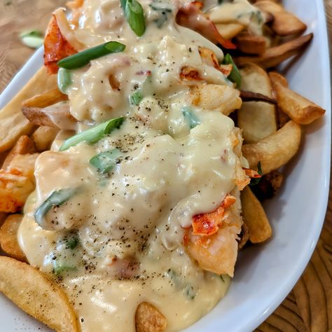 Lobster Fries Recipe, Unique Lobster Recipes, Lobster Poutine, Loaded Lobster Fries, Lobster Mornay, Cooking French Fries, Poutine Recipe, Lobster Meat, Velveeta Cheese