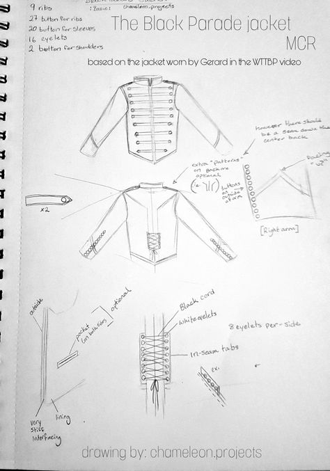 The black parade jacket reference sketch by chameleon.projects The Black Parade Jacket, The Black Parade Outfit, Black Parade Costume, Black Parade Outfit, Jacket Reference Drawing, Black Parade Jacket, Jacket Sketch, Mcr Black Parade, Jacket Reference