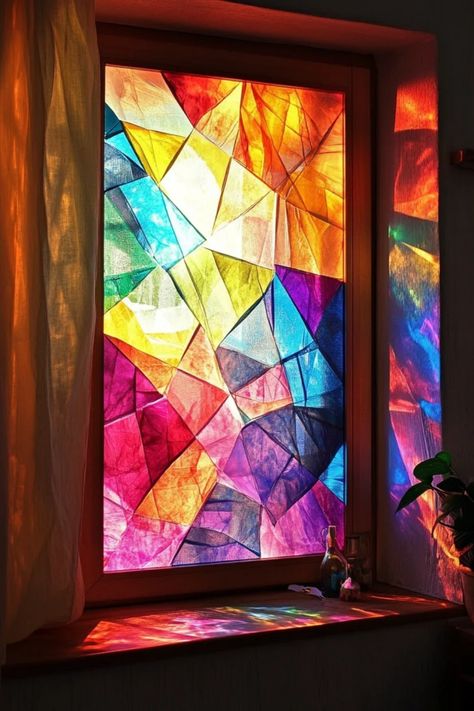 Get creative with this easy DIY stained glass window craft using colorful tissue paper! Perfect for any skill level, you can transform your windows into light-filled art pieces. This project is not only fun for kids but can also be a soothing activity for adults. All you need are some basic supplies like scissors, glue, and, of course, vibrant tissue paper. Discover how to make beautiful stained-glass effects right in your home with easy-to-follow steps. Perfect for seasonal decor or just to brighten your space! Tissue Paper Window Privacy, Wax Paper Stained Glass Art, Stained Glass Contact Paper, Painted Stain Glass Windows, Epoxy Stained Glass Window, Stained Glass Ideas Window, Plexiglass Stained Glass Diy, Painted Window Art Ideas, Stain Glass Windows Art