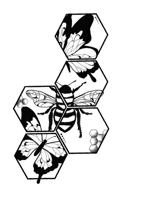 Patron Bee Tattoo, Geometric Bumble Bee Tattoo, Art Deco Bee Tattoo, Bee Hexagon Drawing, Queen Bee With Honeycomb Tattoo, Honeycombs Drawings, Trash Polka Art, Honeycomb Tattoo, Hexagon Tattoo